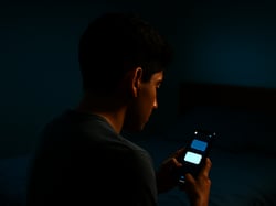 Man looking at a smartphone screen in the dark