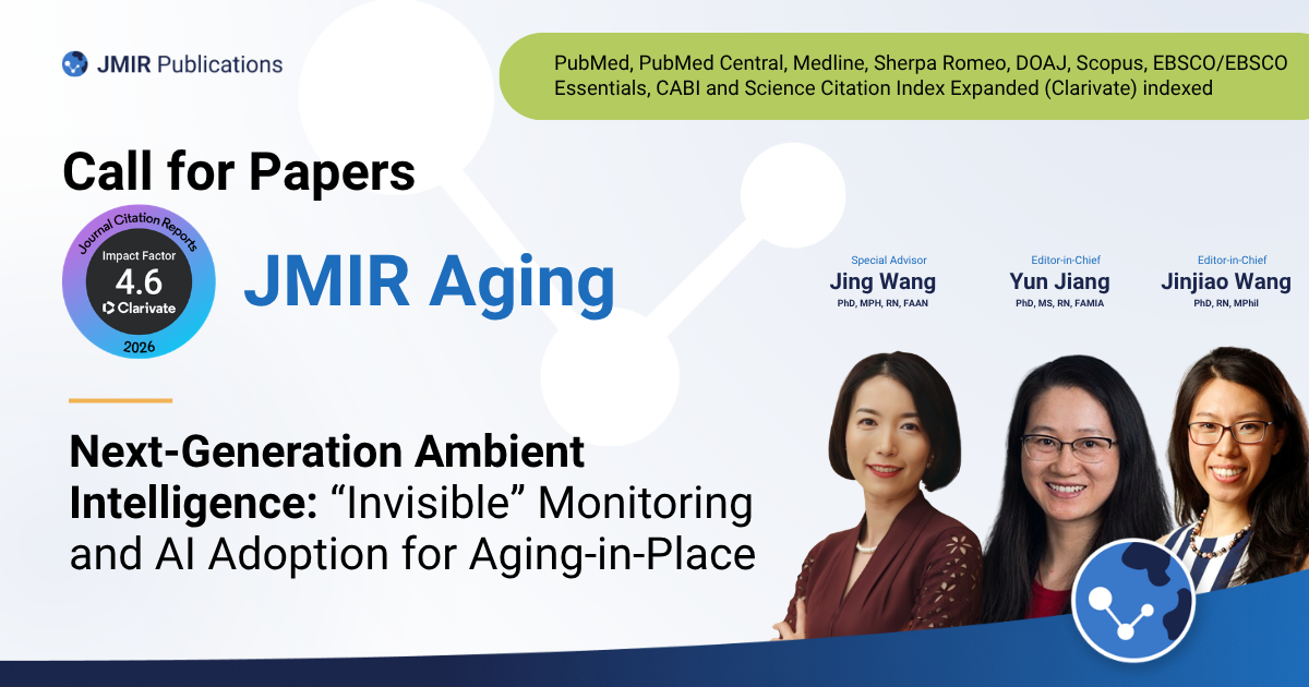 Header for JMIR Aging call for papers featuring photos of Jing Wang, Yun Jiang and Jinjiao Wang