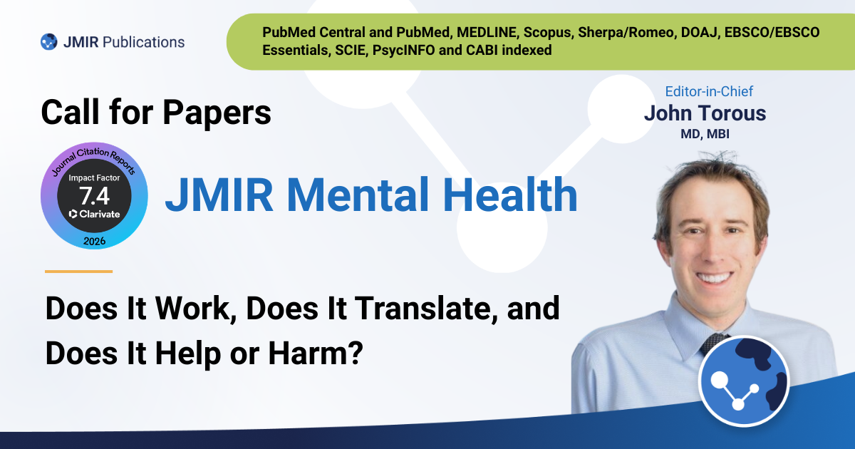 Header for the JMIR Mental Health call for papers featuring a photo of John Torous