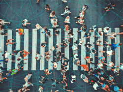 Cross section aerial photo of many people at a street cross walk Cross section aerial photo of many people at a street cross walk